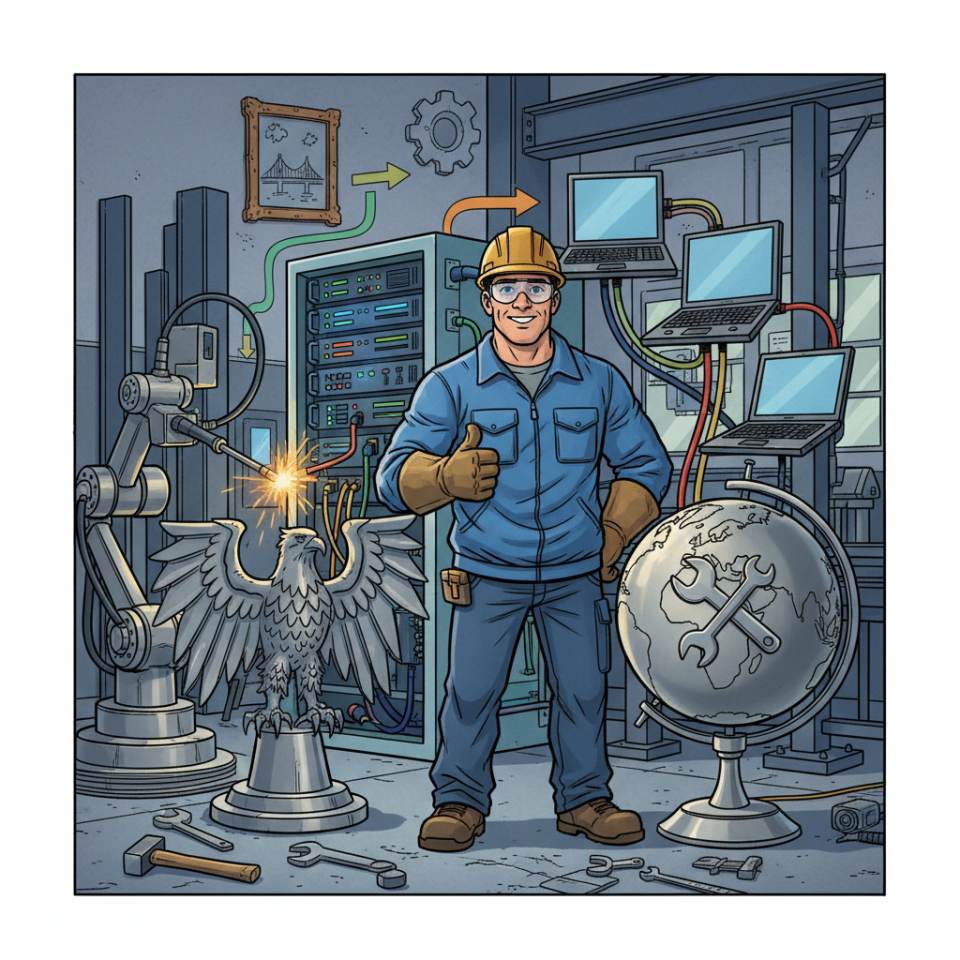 Comic illustration of a metalworker with hard hat and welding equipment at a steel frame in a metalwork shop