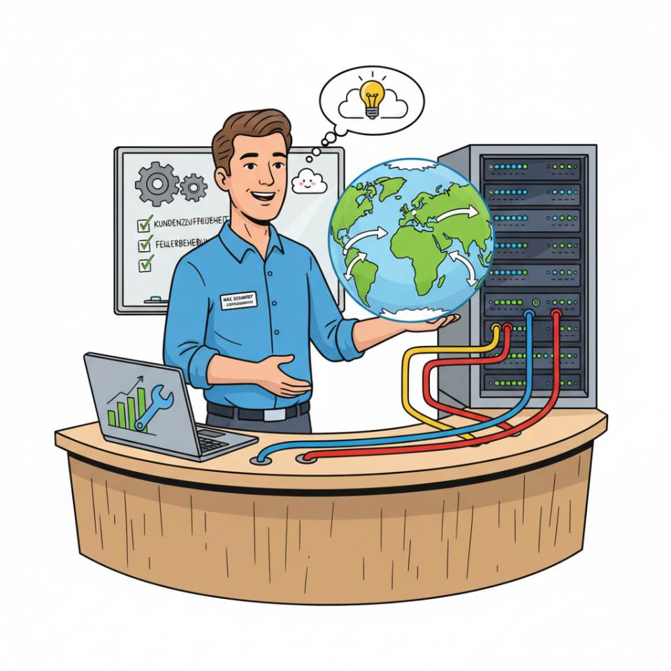 Comic illustration of a service advisor at workshop reception with a tablet, customer advice and car keys