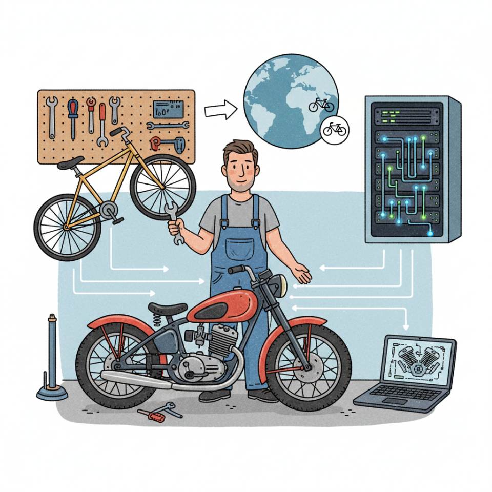 Comic illustration of a two-wheeler mechatronics technician with a diagnostic tool and a motorcycle in the workshop
