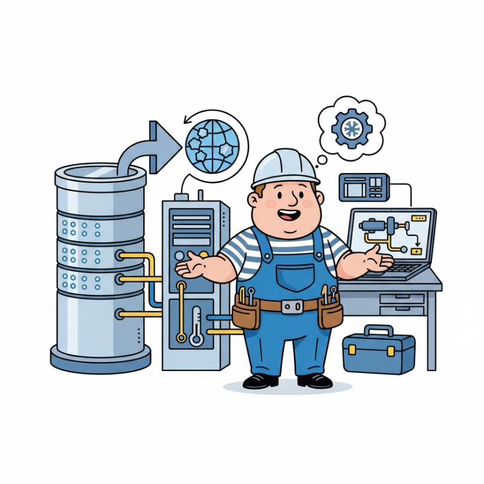 Ilustración tipo cómic de un técnico de refrigeración con medidor y una instalación en la sala técnica