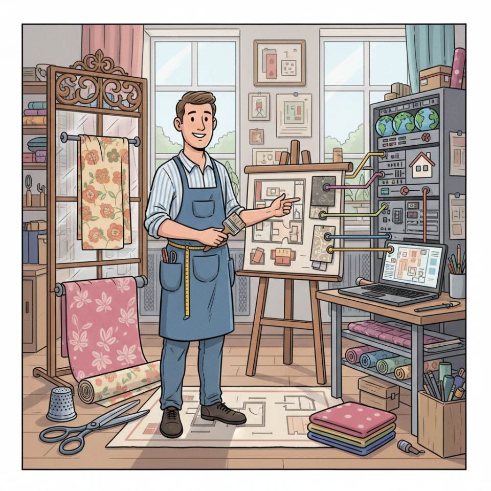 Ilustración tipo cómic de un decorador de interiores con rollos de tela, cortinas, un rollo de revestimiento de suelo y una cinta métrica en un salón luminoso