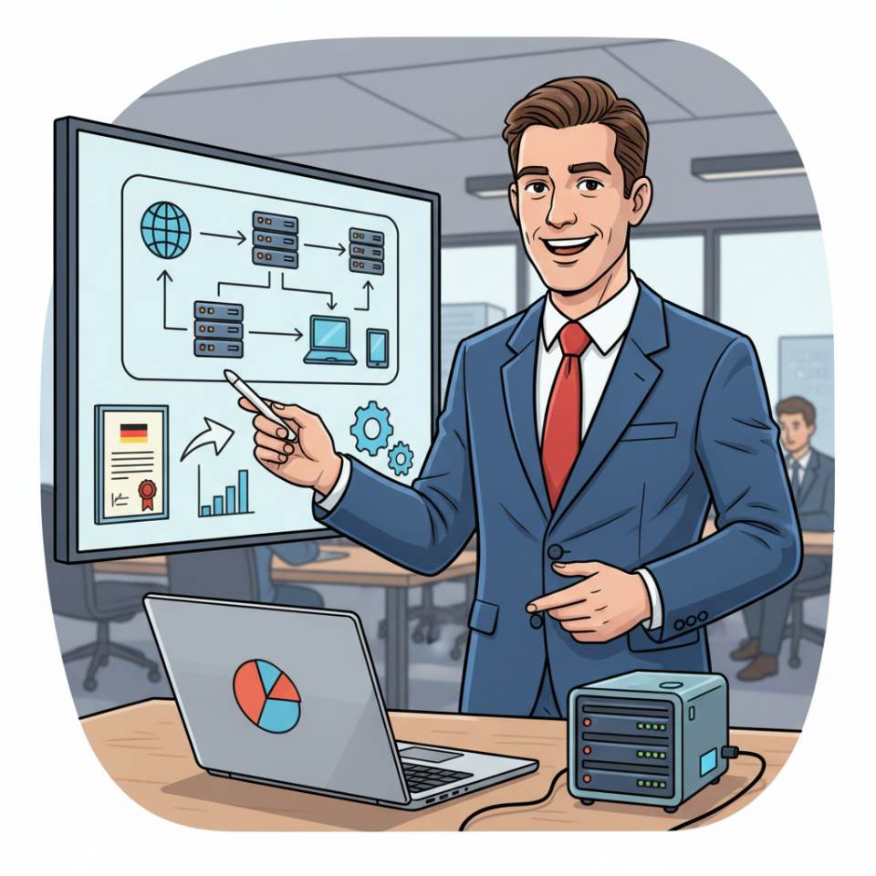 Комикс-изображение консультанта с ноутбуком, блокнотом и презентацией в разговоре с клиентами